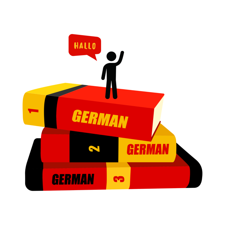 Männchen steht auf Stapel roter Bücher mit der Aufschrift „German“ und „Hallo“.